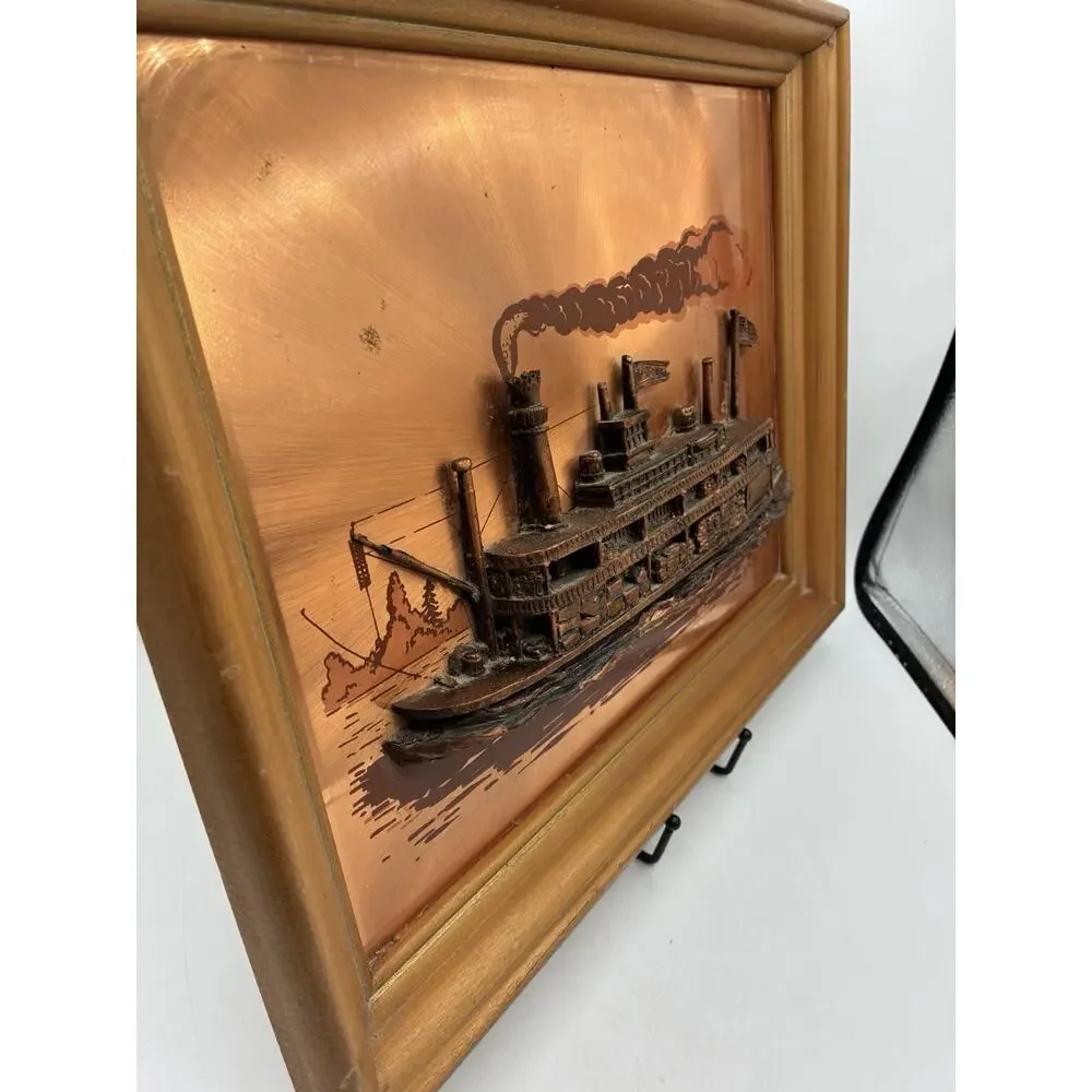 Signed John Louw 3D Copper Steamboat Riverboat Wall Art Framed 16x13